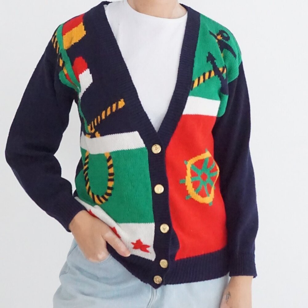 Vintage Haberdashery Navy Nautical Sailboat Flag Button Knit Cardigan Sweater S